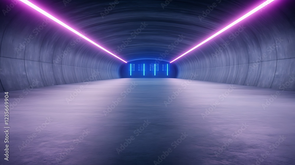 Poster Futuristic tunnel illuminated with neon lights creates a vibrant, dynamic atmosphere.