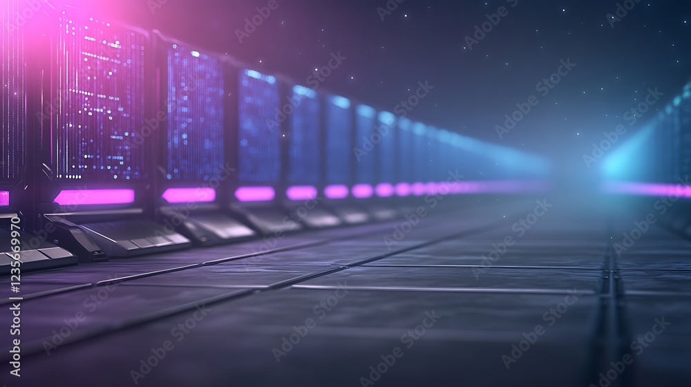 Poster futuristic corridor with glowing lights and a sleek design, set in a digital environment.