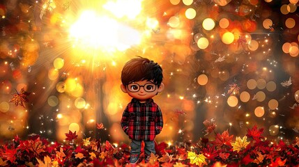 Boy autumn leaves forest sunlight bokeh fall greeting card