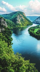 Serene River Flowing Through Lush Mountains and Greenery Landscape