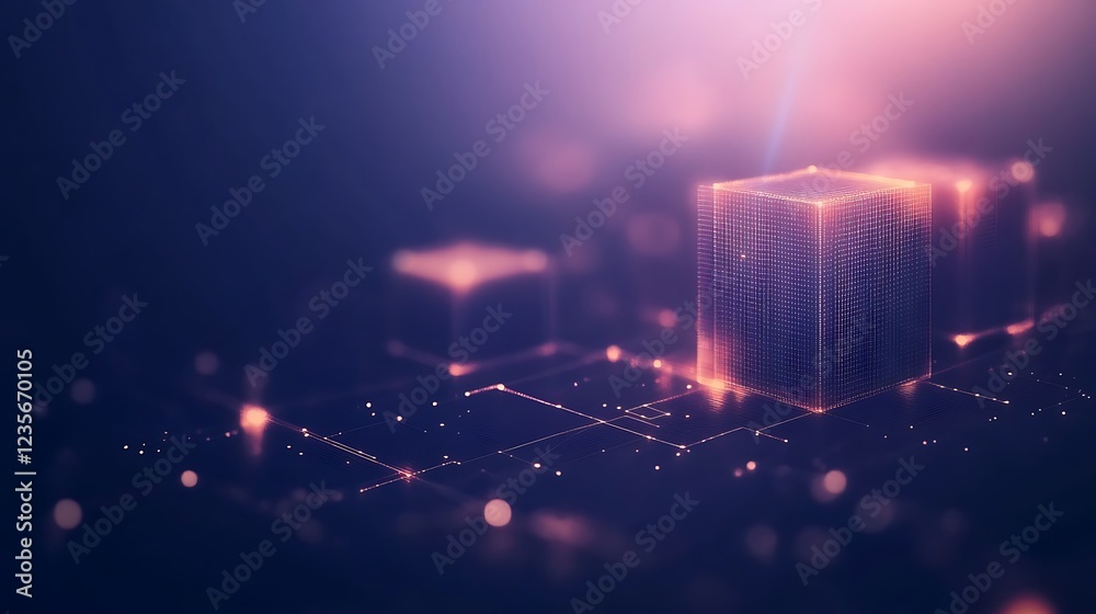Poster abstract digital landscape with glowing lines and shapes, conveying technology and innovation.
