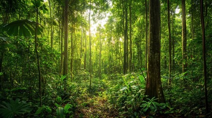 Obraz premium Lush tropical rainforest with sunlight filtering through tall green trees creating a serene scene