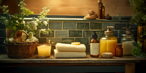 Calm spa setting with towels, candle, and toiletries on a wooden countertop