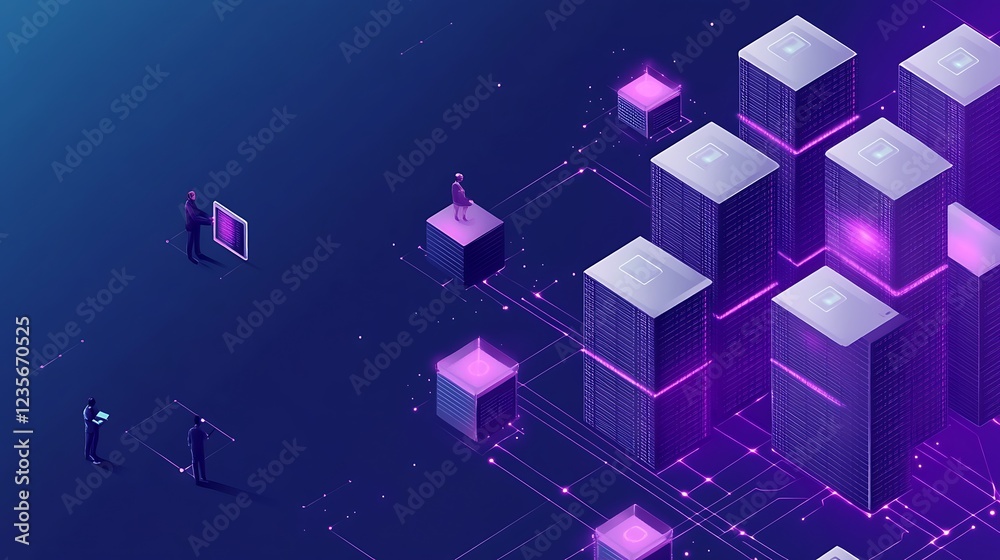 Poster abstract digital landscape featuring glowing cubes and figures, representing technology and innovati