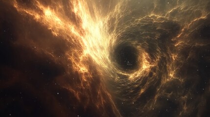 A cosmic depiction of a swirling black hole surrounded by luminous gas and stars.