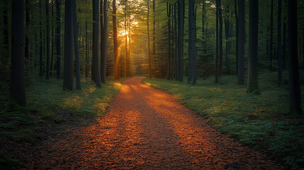 Obraz premium Tranquil Forest Path with Sunlight Filtering Through Trees