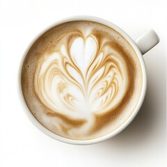 Latte art, coffee cup, foam design, white background, cafe beverage
