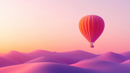Fototapeta premium A grand hot air balloon floating above the horizon, minimalistic solid color background, vibrant fabric catching the warm sunlight