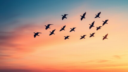 Fototapeta premium A flock of birds flies in a V formation against a colorful sunset sky, creating a serene and picturesque scene.