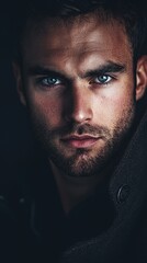 Obraz premium Intense Portrait of a Young Man with Striking Blue Eyes and Beard