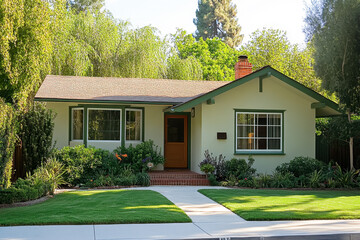 A small idealic middle century modern style cottage with green trees and landscaped front garden