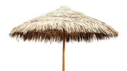 Beach umbrella with thatched roof and wooden pole for tropical sun protection