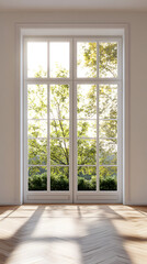 Interior View: White Window, Herringbone Floor, and Garden