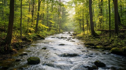 Obraz premium Sunlight filters through the dense trees as water flows over the rocky stream bed