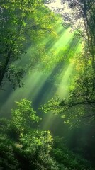 Fototapeta premium Tranquil Forest Scene with Sunlight Rays Illuminating Green Canopy