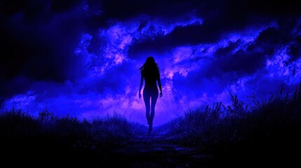 Fototapeta premium Woman walking night field stormy sky hope mystery