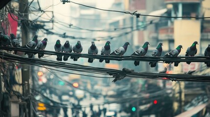 Obraz premium A group of pigeons resting on electric wires, with a busy urban street scene below, highlighting the serenity of nature in the midst of a city setting