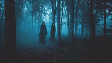 Haunted forest with ghostly apparitions