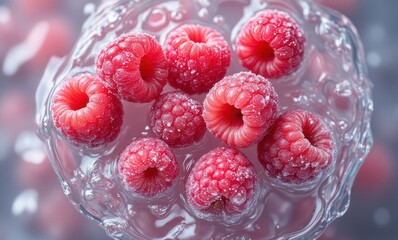 Fresh raspberries in icy water