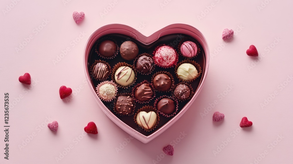 Poster a heart-shaped box of chocolates opened to reveal an assortment of truffles and pralines, set agains