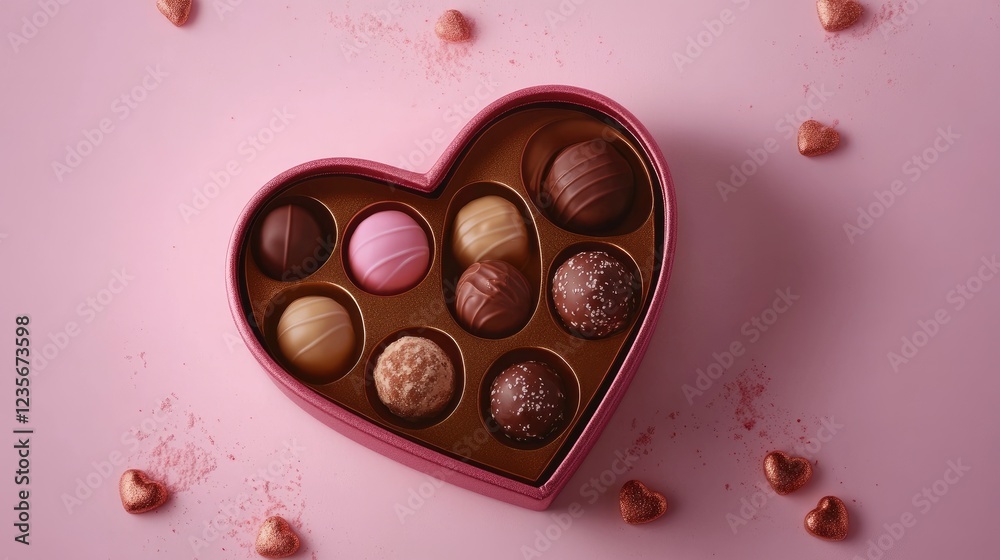 Poster a heart-shaped box of chocolates opened to reveal an assortment of truffles and pralines, set agains
