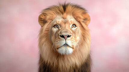 Fototapeta premium Majestic male lion looking forward against a soft pink textured studio background.