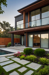 Fototapeta premium Luxury Modern House Exterior with Pool and Landscaping: Dream Home Design