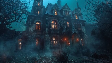 Haunted mansion with glowing windows