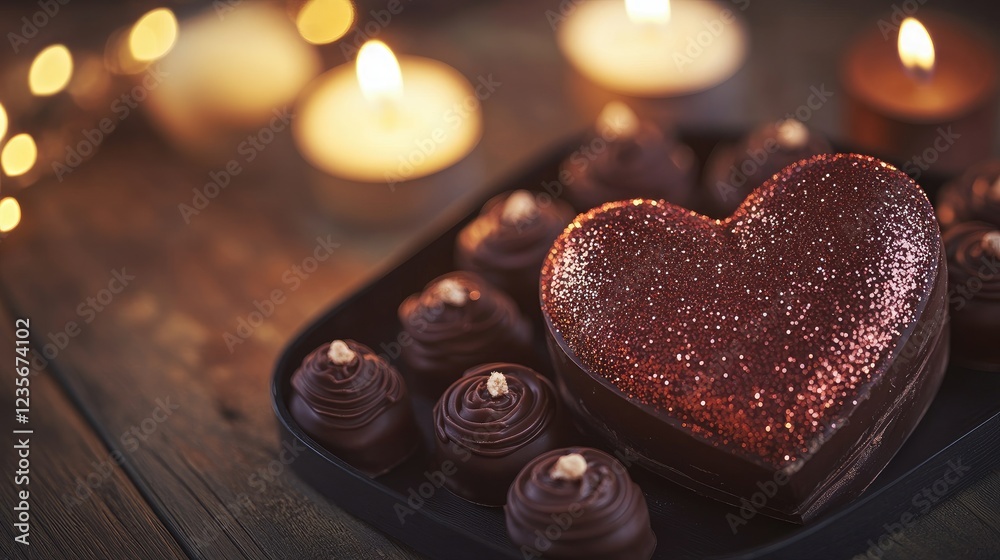 Poster a heart-shaped chocolate box with glittery details, softly illuminated by candlelight, creating a wa