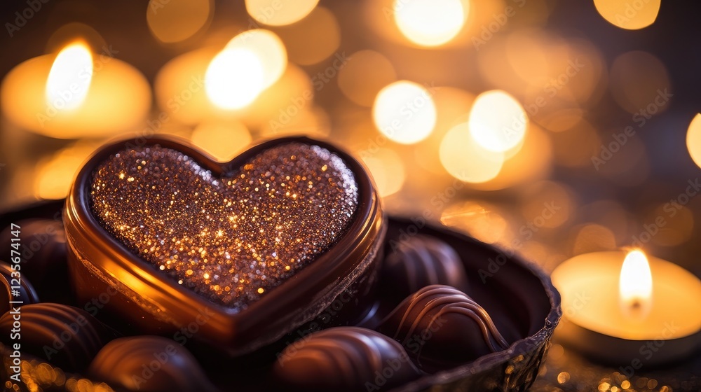 Poster a heart-shaped chocolate box with glittery details, softly illuminated by candlelight, creating a wa