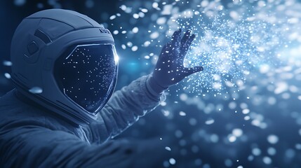 Astronaut reaching out to a sparkling cosmic phenomenon in a dark, starry environment.