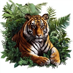 Fototapeta premium Majestic Tiger Resting Amidst Vibrant Green Tropical Foliage with Lush Plants and Leaves Surrounding It