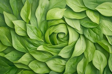 Green leaves spiral background, nature texture, healthy food design.