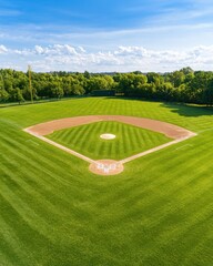 Aerial view of a baseball field with well-manicured grass, a dirt infield, and blue skies, surrounded by trees.