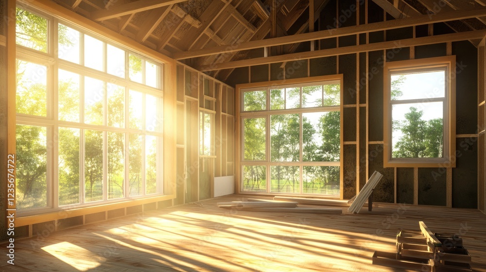Poster a home under renovation with new windows installed, construction materials around the room, and sunl