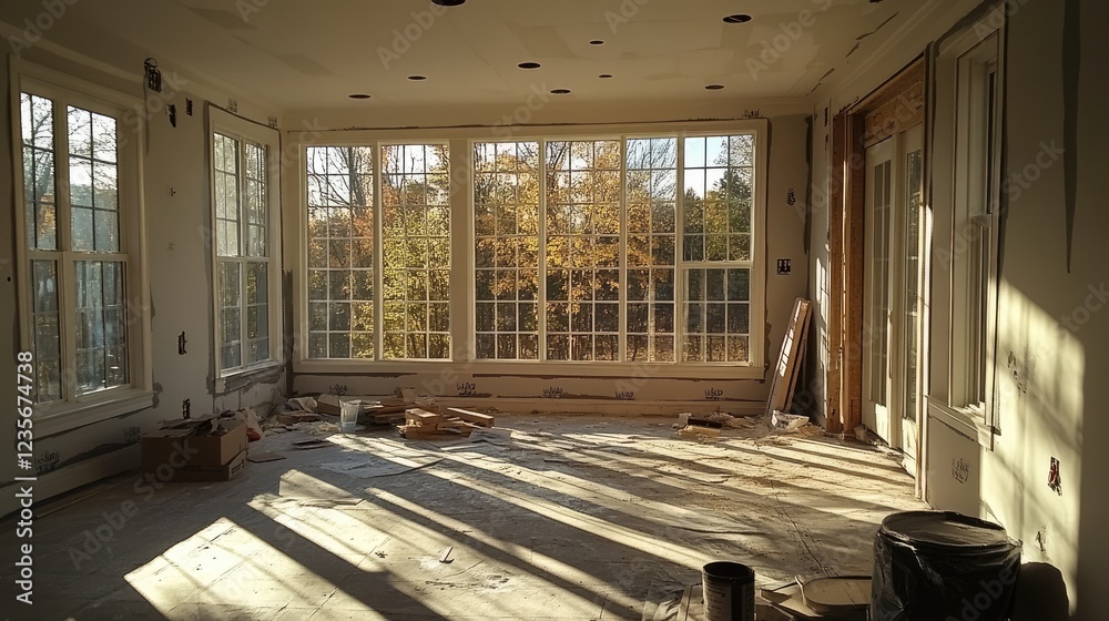 Poster a home under renovation with new windows installed, construction materials around the room, and sunl