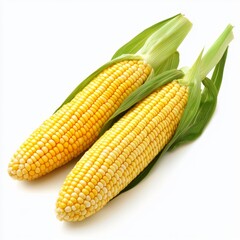Fresh Sweet Corn Ears with Green Leaves Isolated on White Background Nature's Delicious and Nutritious Summer Vegetable