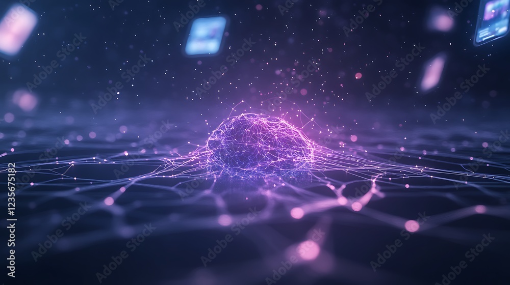 Poster Abstract digital landscape with glowing connections and floating data elements.