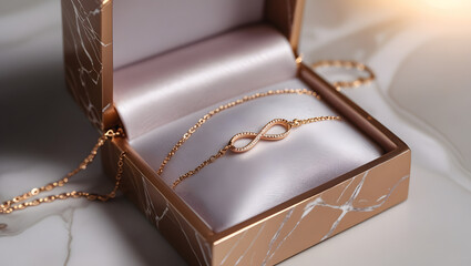 A slender 14k gold infinity band on a delicate chain rests in a luxurious marble-textured gift box with satin lining, surrounded by warm light, exuding elegance and refinement.