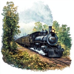Naklejka premium Vintage steam locomotive traverses lush green landscape in serene countryside setting with smoke billowing from the engine.
