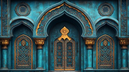 Intricately designed blue and gold arches and doors in Islamic architectural style


