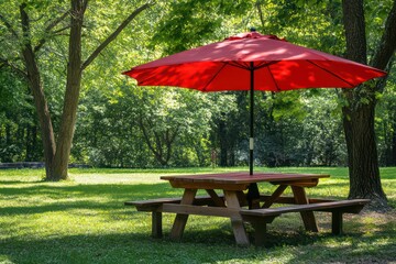 Obraz premium A picnic-style table with wooden benches and a bright red umbrella, surrounded by trees in a park.