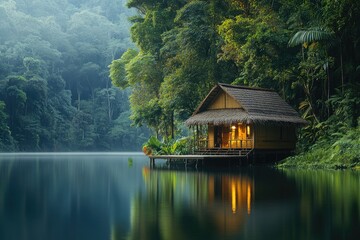 Obraz premium Cozy wooden bungalow reflecting on a serene lake in the rainforest at dusk