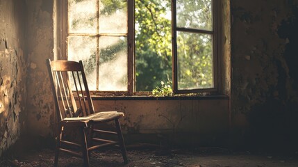 Sunlit Abandoned Room with Wooden Chair and Overgrown Window View