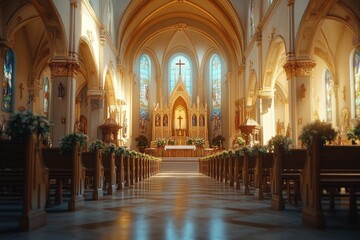 Fototapeta premium Sunlight illuminating church interior decorated with flowers for wedding ceremony