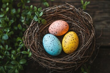 Obraz premium Colorful easter eggs resting in bird nest with spring greenery