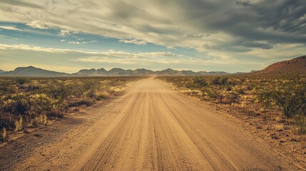 Fototapeta premium Dusty Dirt Road Stretching Through Desert Landscape with Mountains
