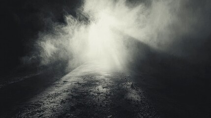 Ethereal Light Shining Through Mist on a Dark Pathway