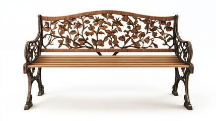 A nature-inspired wooden bench, captured in a park setting, with intricate details, placed on a white background for a clean, clear view