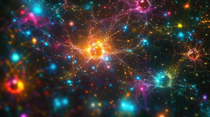 A glowing neural network with colorful nodes and interconnected lines, creating a vibrant representation of digital AI